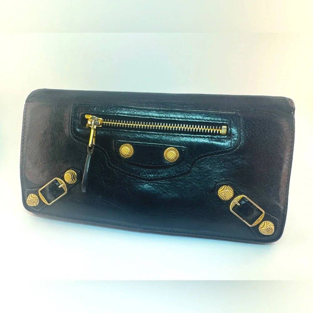 Balenciaga Giant Continental Wallet Black Lambskin Gold Hardware Authentic - Picture 1 of 15